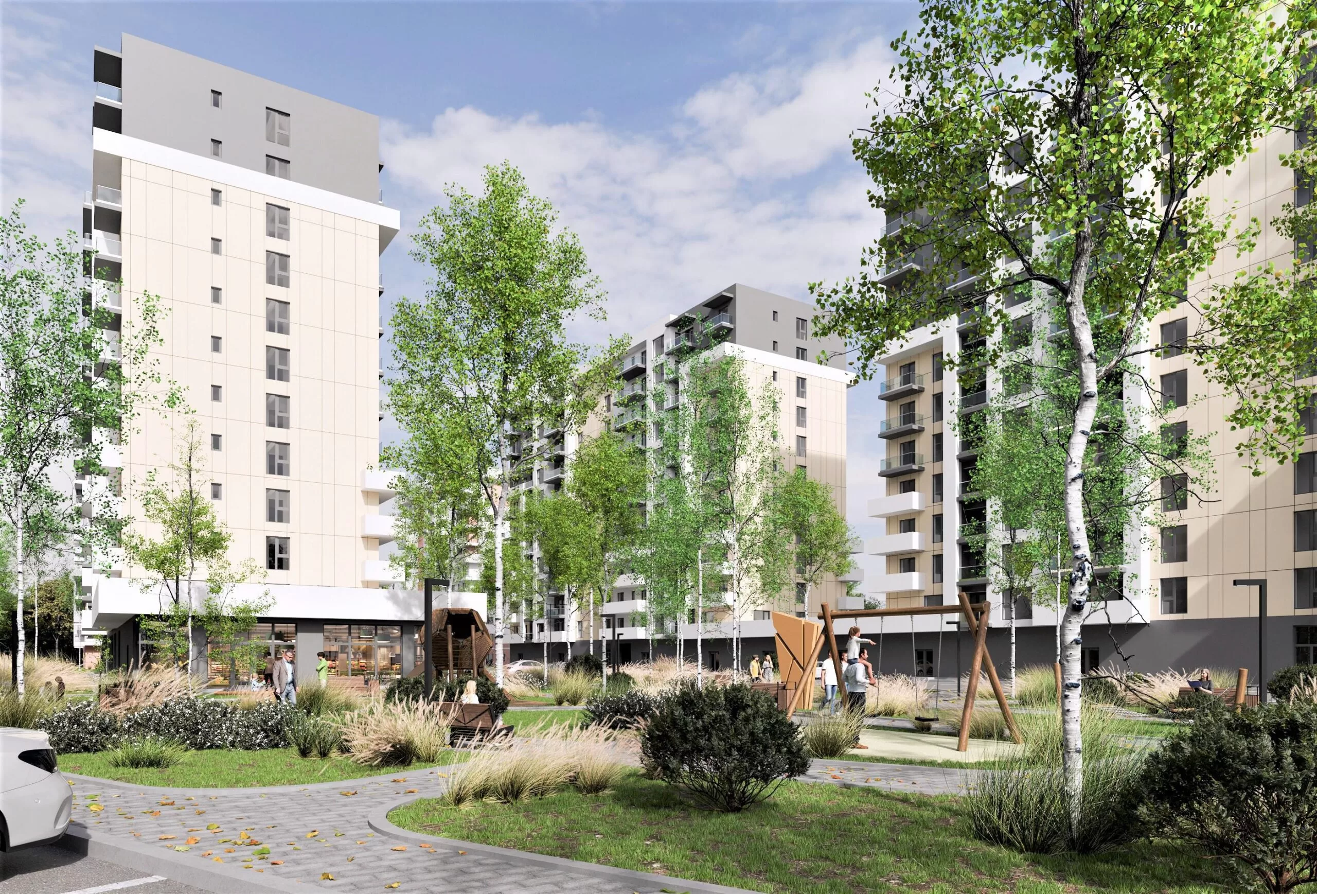 Ansamblu rezidențial modern The Grand Kristal Residence cu spații verzi și loc de joacă.